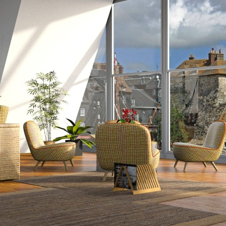Andreas Bieler Feng Shui Beratung in München, Bayern und im DACH- Raum Feng Shui Beratung in einem hellen, modernen Wohnzimmer mit Korbmöbeln und Blick auf eine Stadtlandschaft.